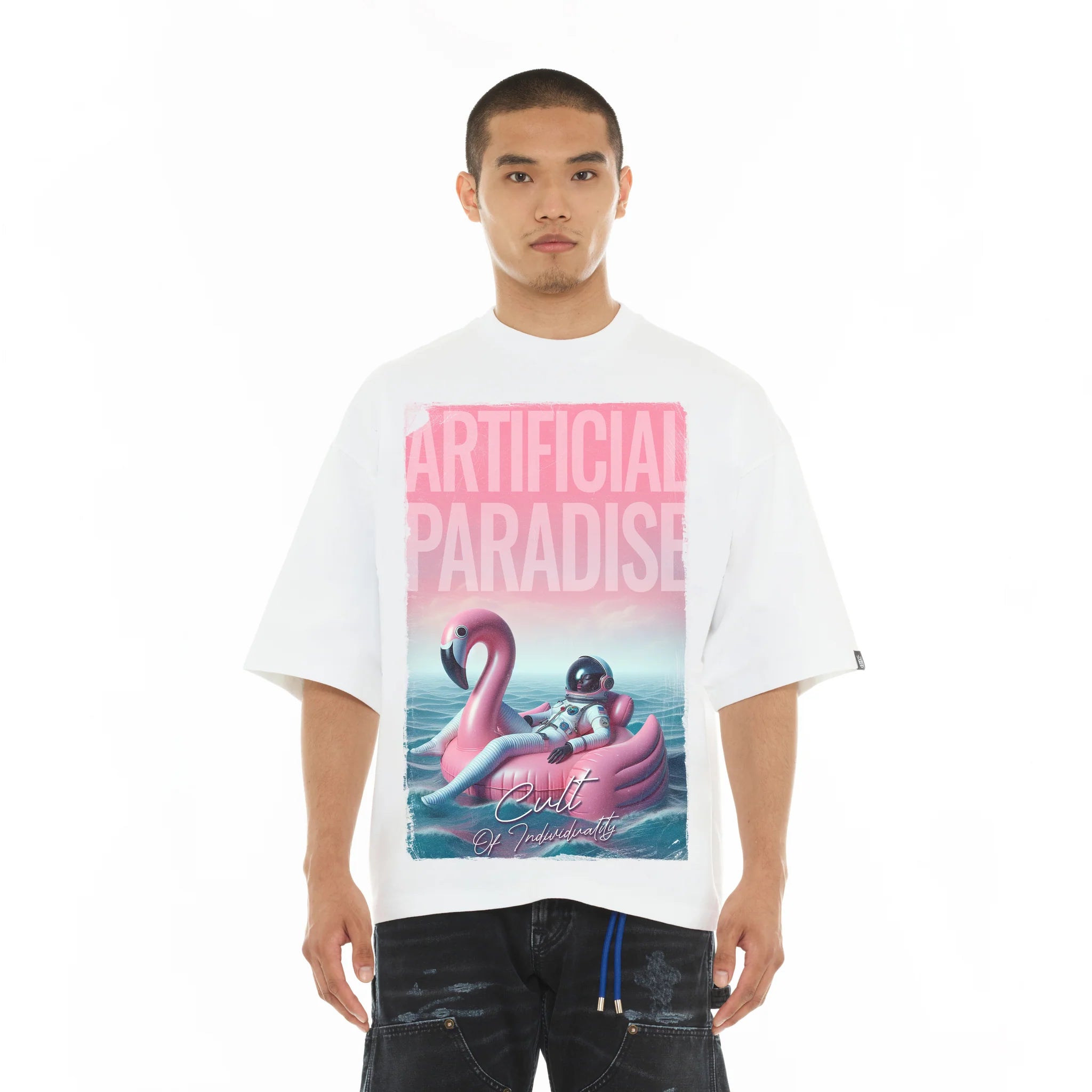 Cult's Oversized Short Sleeve Crew Neck T-Shirts "Artificial Paradise" 'White'