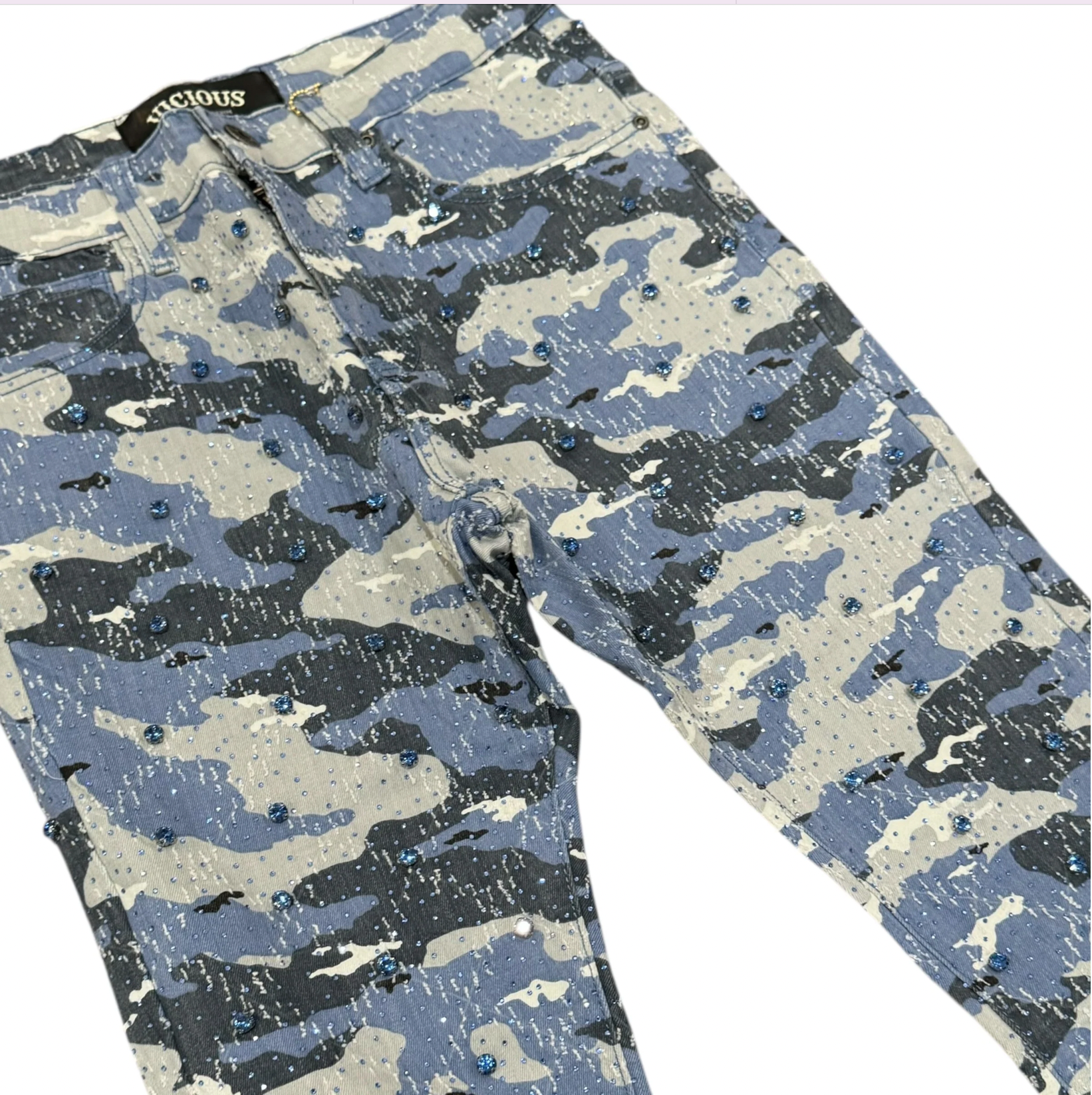 Vicious Stacked Crystal Denim Pants "Blue Camo"