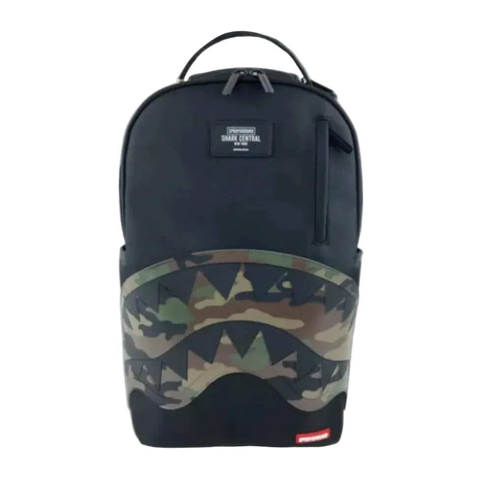 Sprayground Shark Central Black Nylon Camo Embossed Shark Backpack