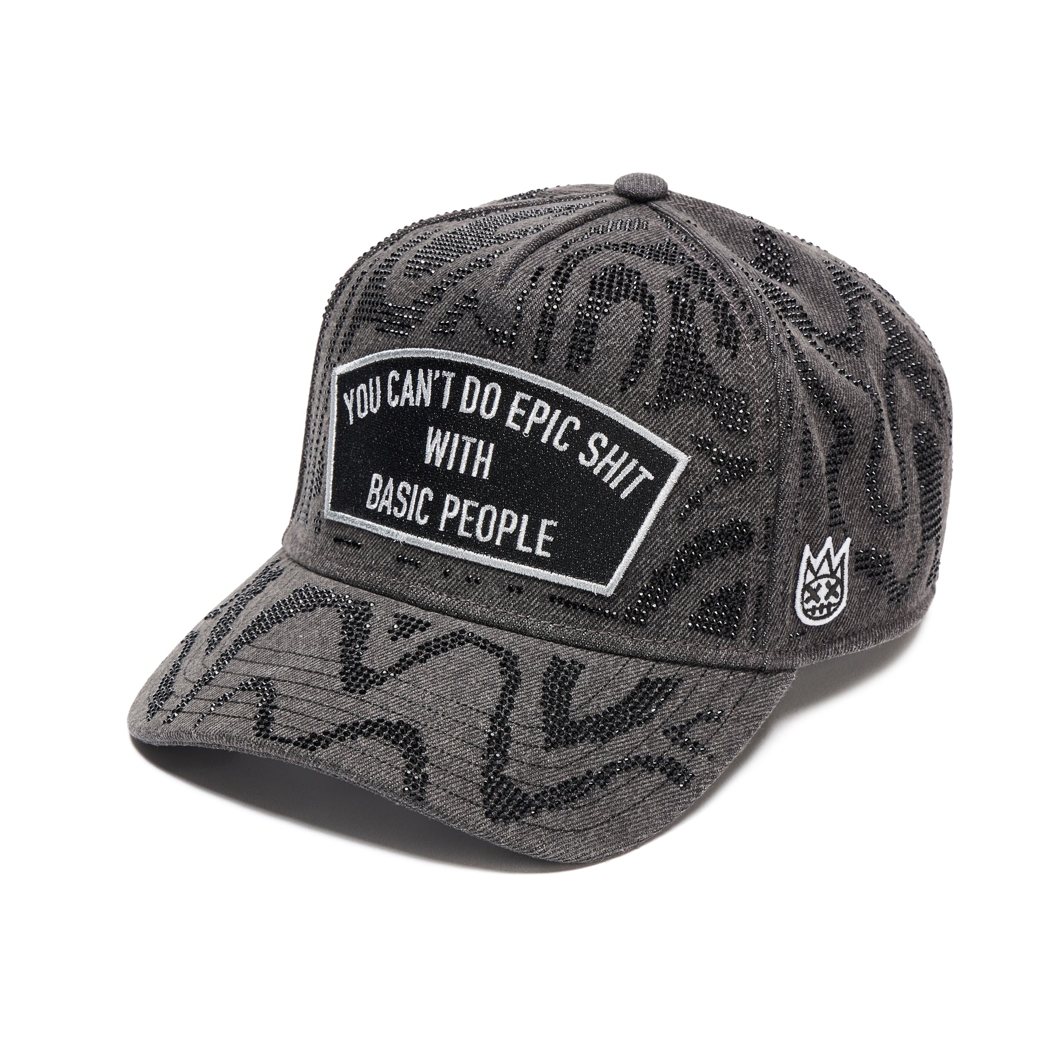 Cult's 5 Panel A-Frame Trucker Hat "Epic Shit" Swirl Crystals 'Black Denim'