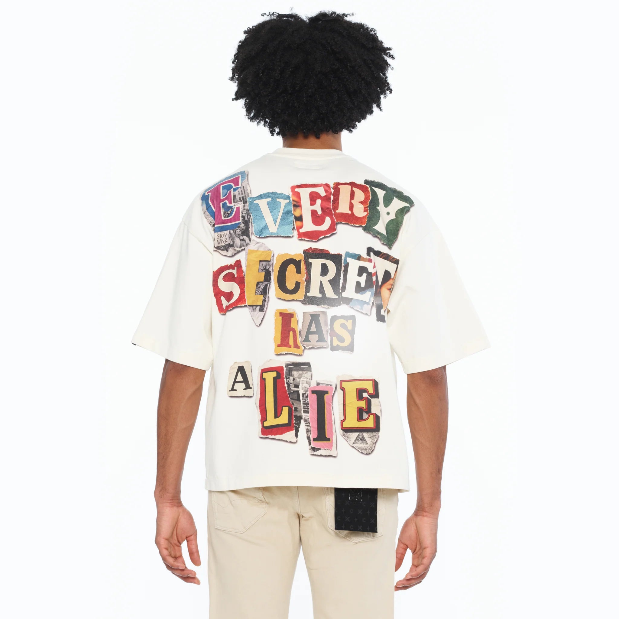 Cult Oversized Crew Neck T-Shirt 'Every Secret Has A Lie' Winter White