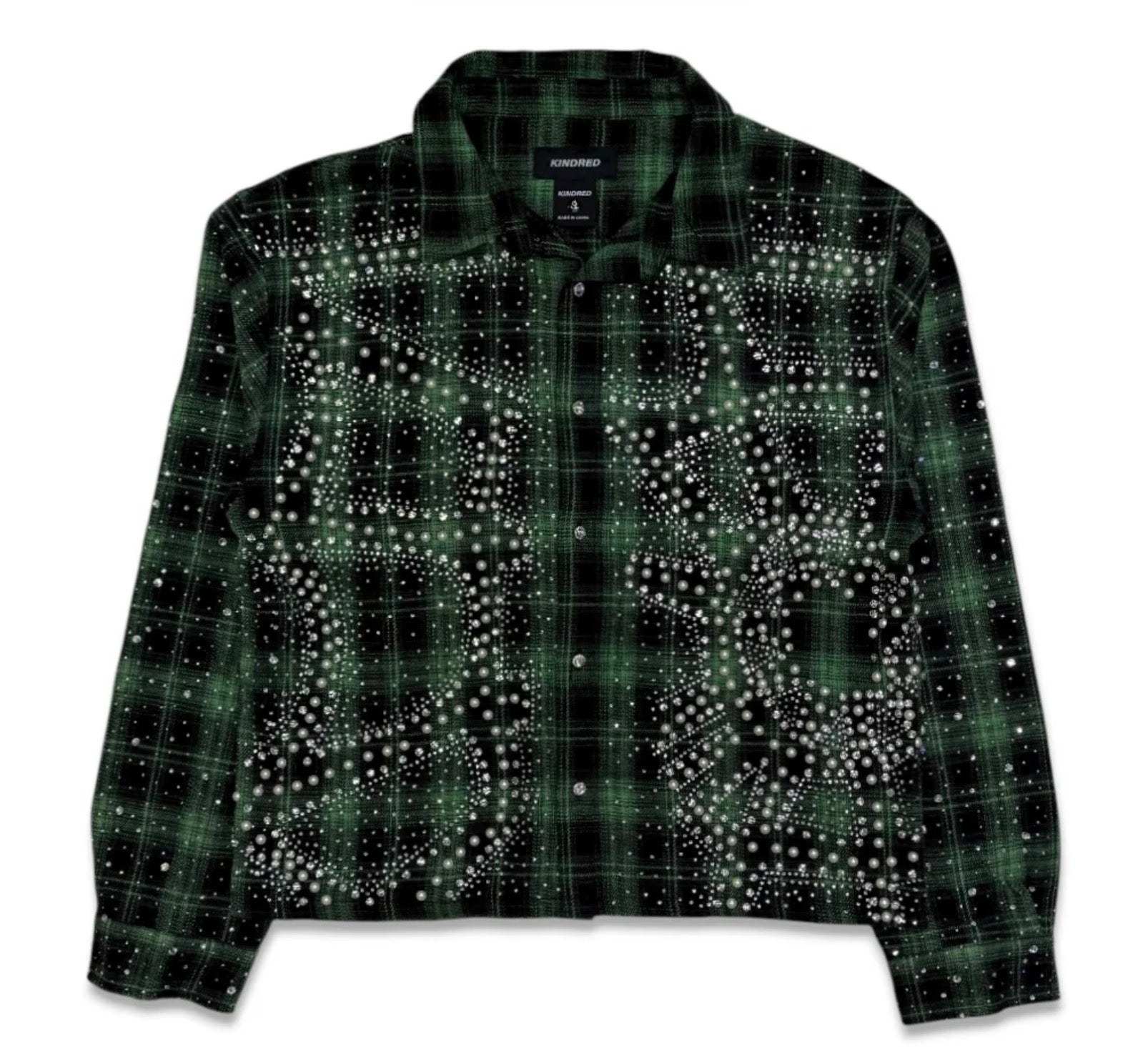 Kindred Cropped Rhinestone Flannel T-Shirts “Green”