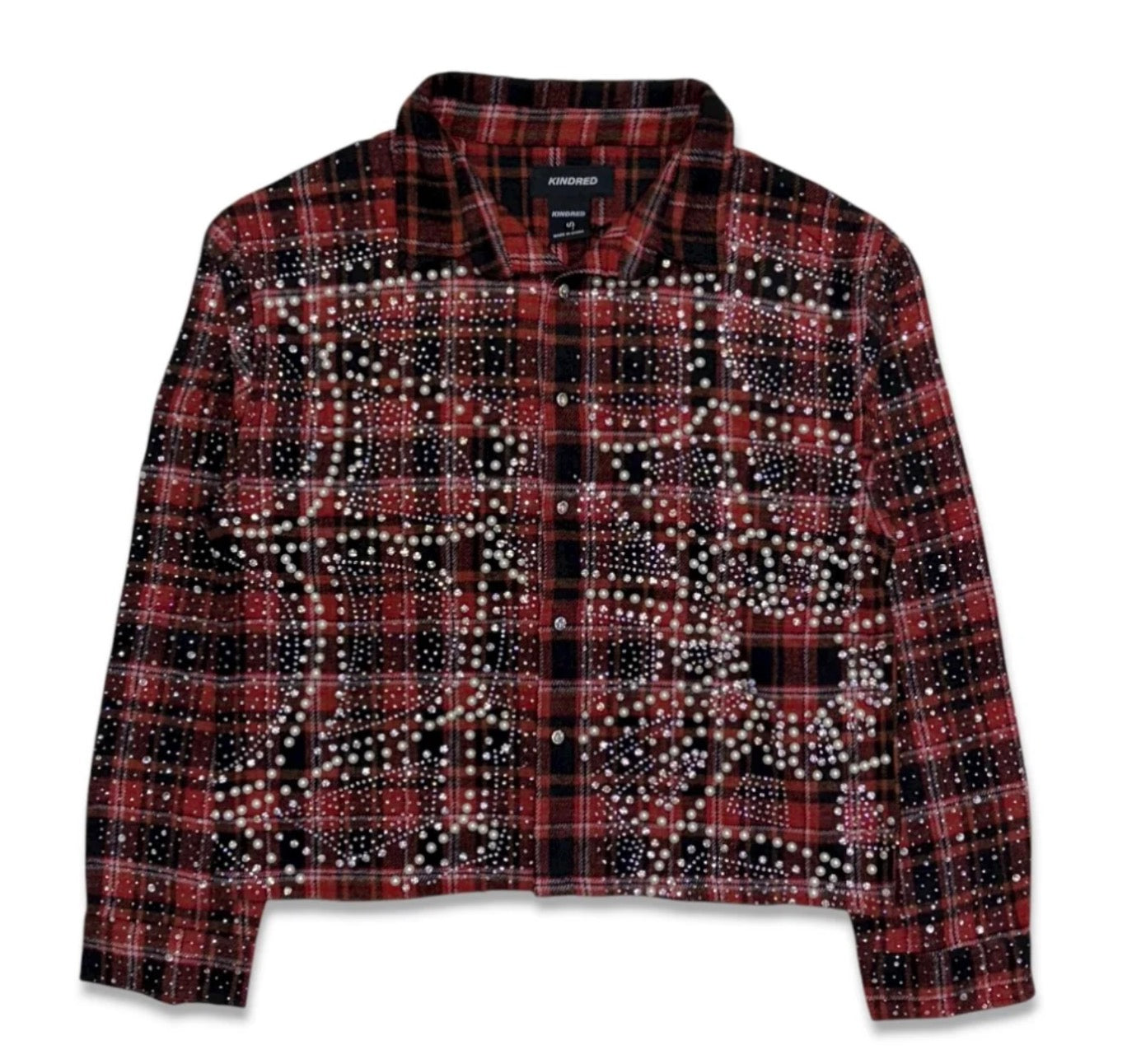 Kindred Cropped Rhinestone Flannel T-Shirts “Red”