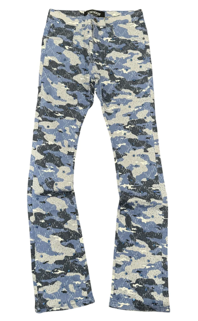 Vicious Stacked Crystal Denim Pants "Blue Camo"
